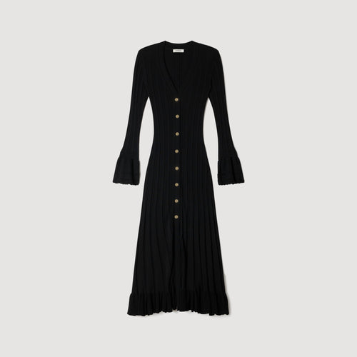 SANDRA LONG KNITTED DRESS WITH RUFFLE BLACK