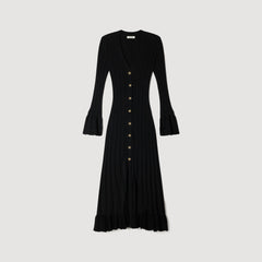 SANDRA LONG KNITTED DRESS WITH RUFFLE BLACK